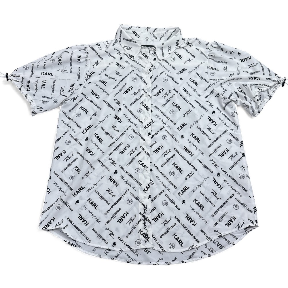 Karl Lagerfield Button Up Shirt Top Womens Size Large AOP Logo Short Sleeve